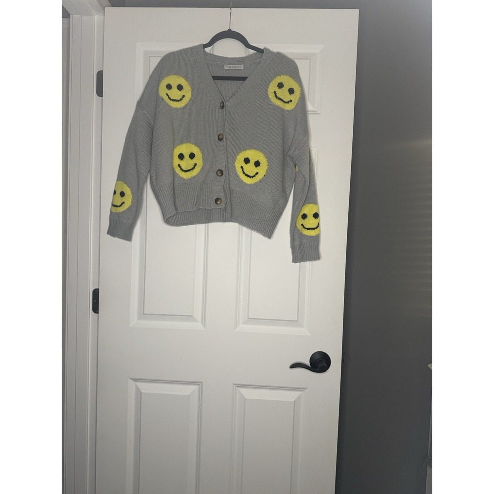Miss Sparkling Knit Cardigan Sweater Medium Gray W Yellow Black Smiley Face